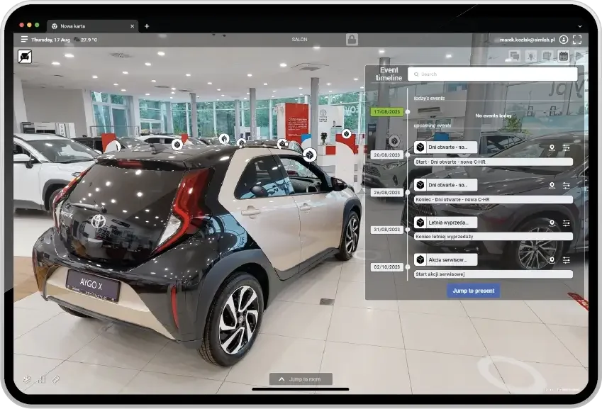 Tablet showing a Toyota Aygo X in the SIM-ON virtual showroom, with an event timeline panel listing dealership open days, a summer sale and a service campaign