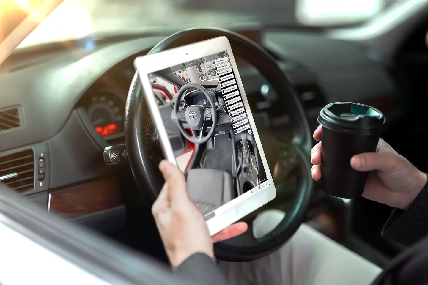 Person sitting in a car holding a tablet that shows a Toyota interior in the SIM-ON virtual showroom, with a takeaway coffee cup in the other hand