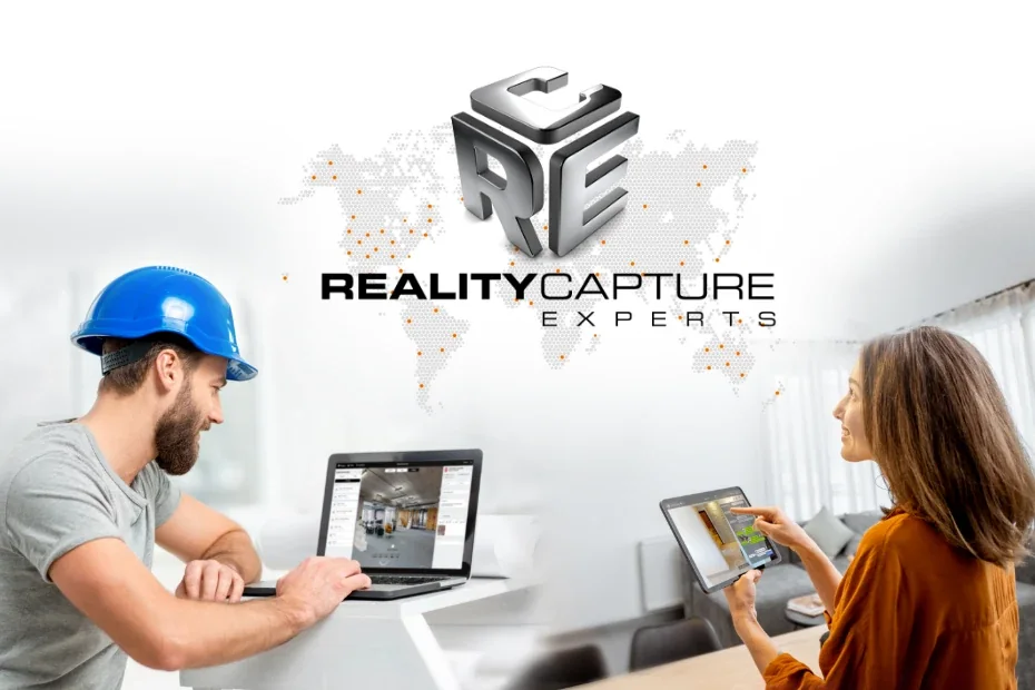 Reality Capture Experts logo over a dotted world map; a construction worker in a blue hard hat works on a laptop showing a 3D space while a woman points at a tablet.