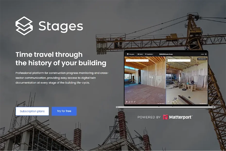 STAGES website hero: “Time travel through the history of your building”, Subscription plans and Try for free buttons, and a laptop comparing two construction scans side by side.