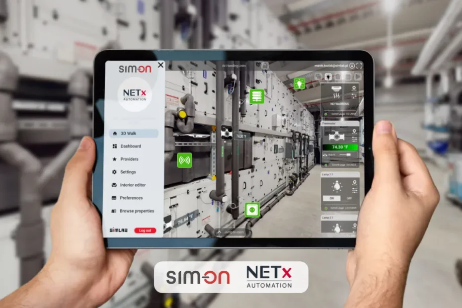 Hands hold a tablet showing the SIM-ON app, its side menu topped by the NETx Automation logo, over a 3D scan of an air handling unit room with thermostat and lamp widgets; SIM-ON and NETx logos.