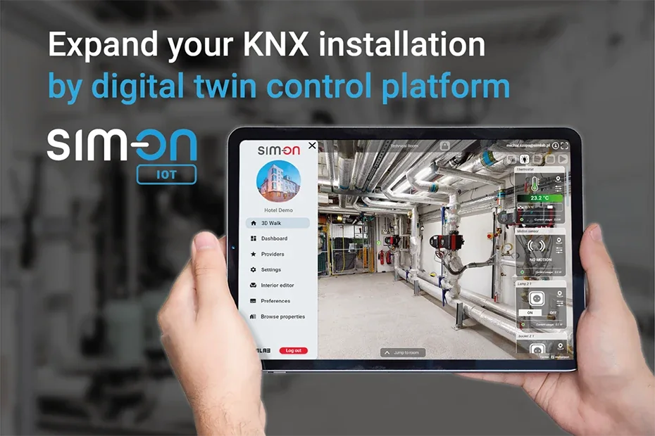 Hands hold a tablet showing the SIM-ON IoT app in a 3D plant room with thermostat, motion sensor and lamp controls; headline “Expand your KNX installation by digital twin control platform”.