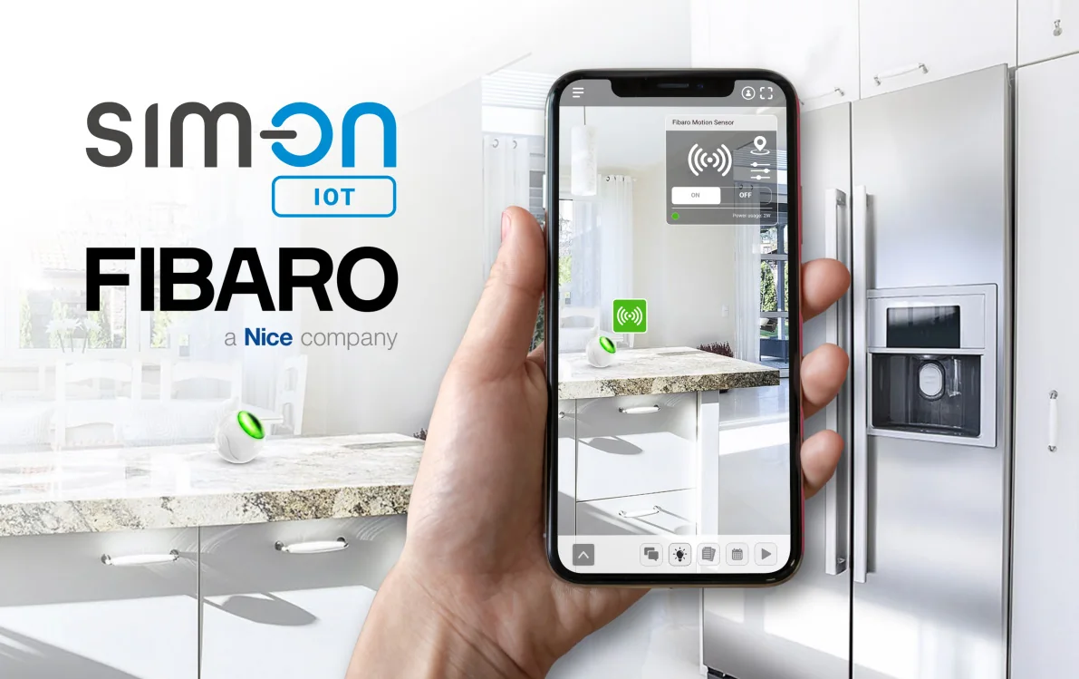 SIM-ON IoT and FIBARO (a Nice company) logos beside a hand holding a phone showing a 3D kitchen view with a FIBARO Motion Sensor ON/OFF control panel