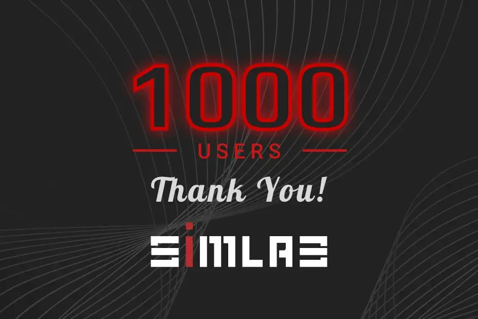 Dark graphic with a glowing red '1000 USERS', the words 'Thank You!' and the SIMLAB logo