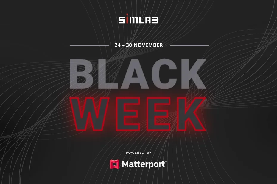 SIMLAB Black Week promo graphic, 24–30 November, with the SIMLAB logo and 'Powered by Matterport' on a dark background