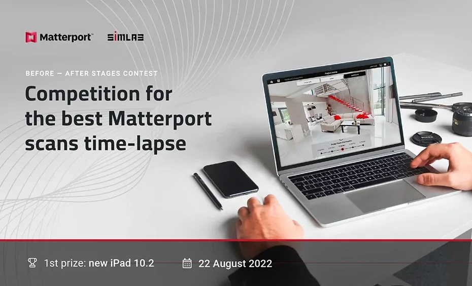 Before – After STAGES Contest banner with Matterport and SIMLAB logos: best Matterport scans time-lapse competition, 1st prize new iPad 10.2, 22 August 2022; laptop showing a 3D scan of a living room
