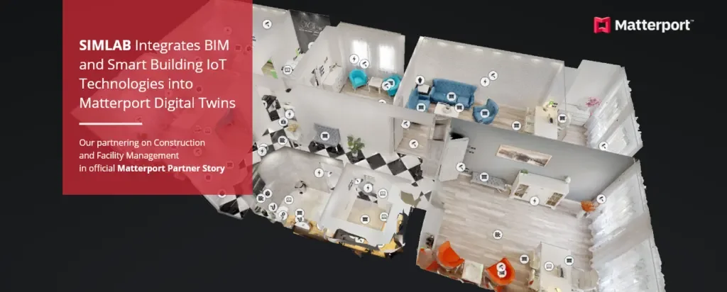 Banner with the Matterport logo reading 'SIMLAB Integrates BIM and Smart Building IoT Technologies into Matterport Digital Twins' over a 3D dollhouse view of a furnished interior with tag icons