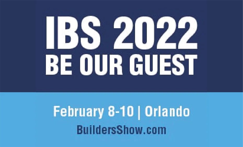 IBS 2022 'Be Our Guest' invitation graphic with 'February 8-10 | Orlando' and BuildersShow.com in white and navy text on navy and light blue