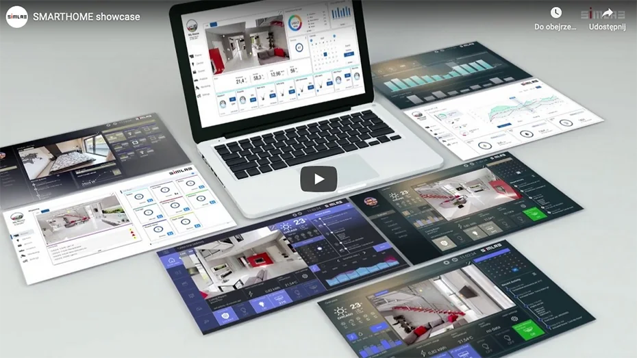 Screenshot of the "SMARTHOME showcase" YouTube video: a laptop and several SIMLAB SmartHome dashboard screens with room photos, energy charts and device controls