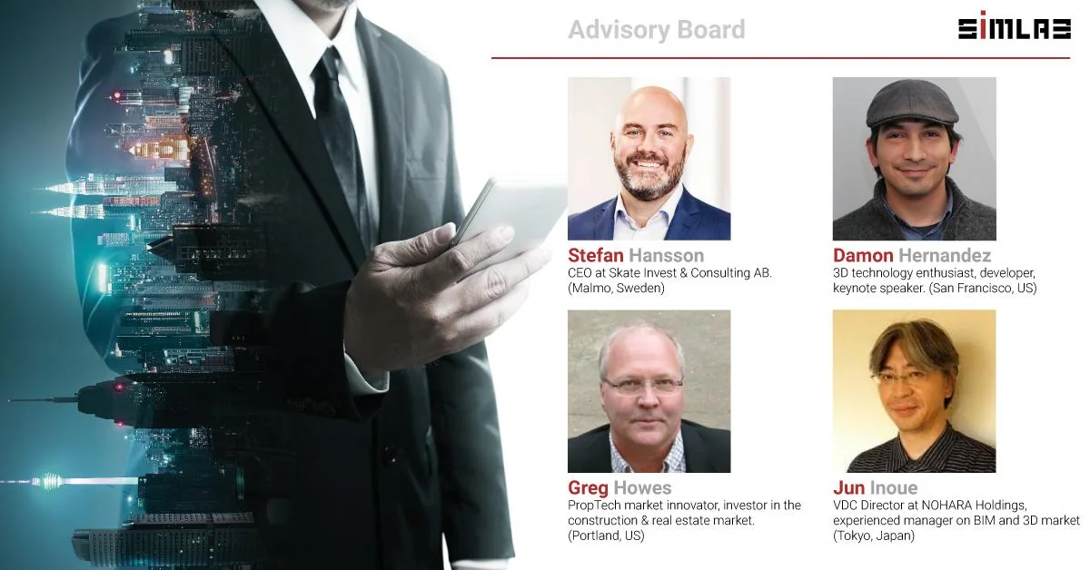 SIMLAB "Advisory Board" graphic with captioned portraits of Stefan Hansson, Damon Hernandez, Greg Howes and Jun Inoue beside a businessman holding a tablet, blended with a night city skyline