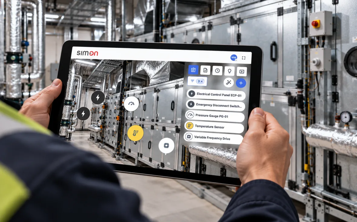 Tablet running SIM-ON with asset markers and an asset list, held in front of air handling units in a plant room