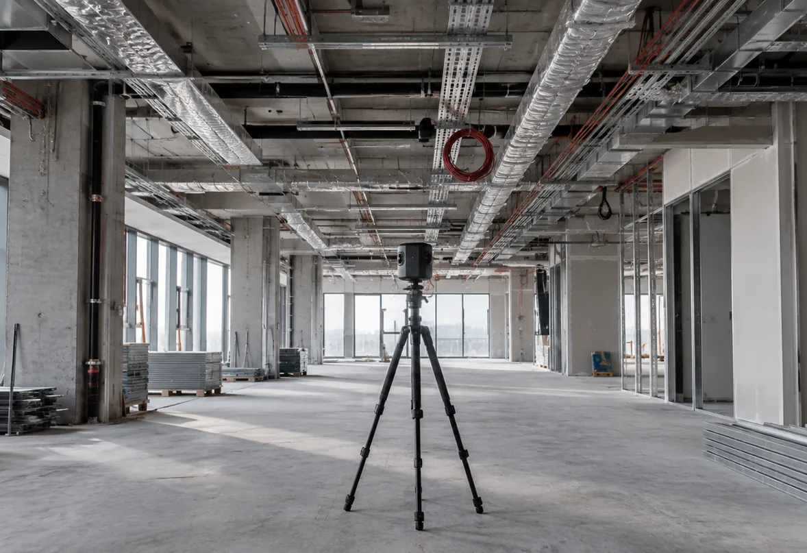 Unfinished building interior with exposed ceiling services and a 360 camera on a tripod documenting the space
