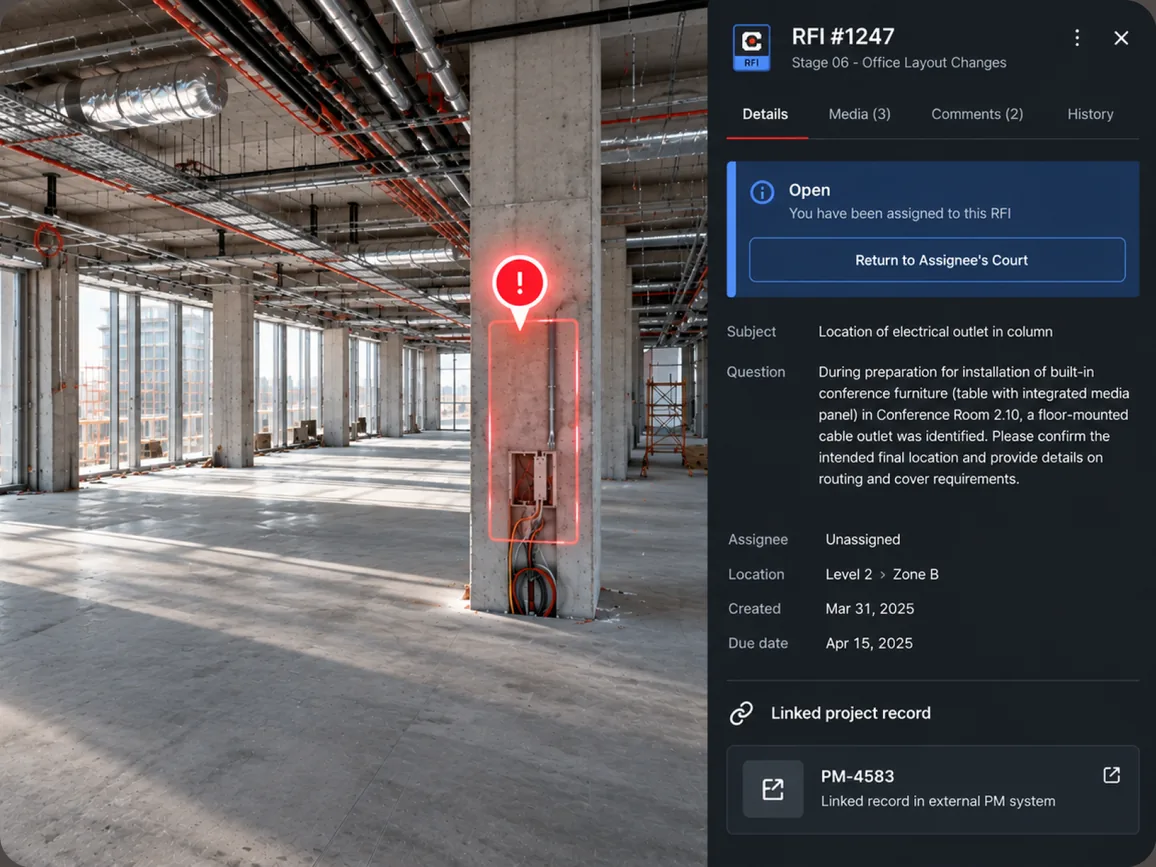 STAGES view with an RFI pinned to an outlet on a site column and its linked record from a project management tool