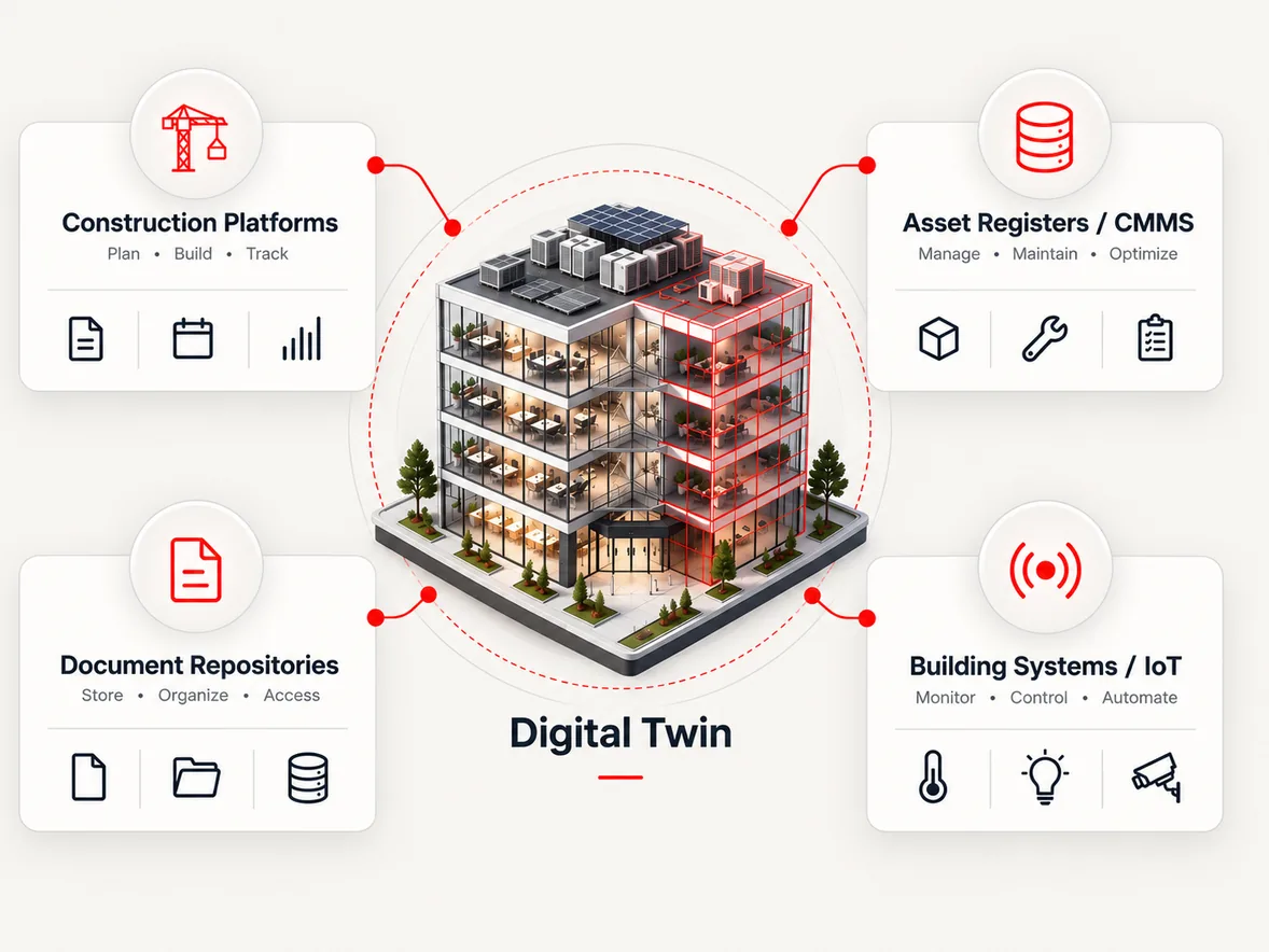 Diagram of a building digital twin connected to construction platforms, asset registers/CMMS, document repositories and building systems/IoT