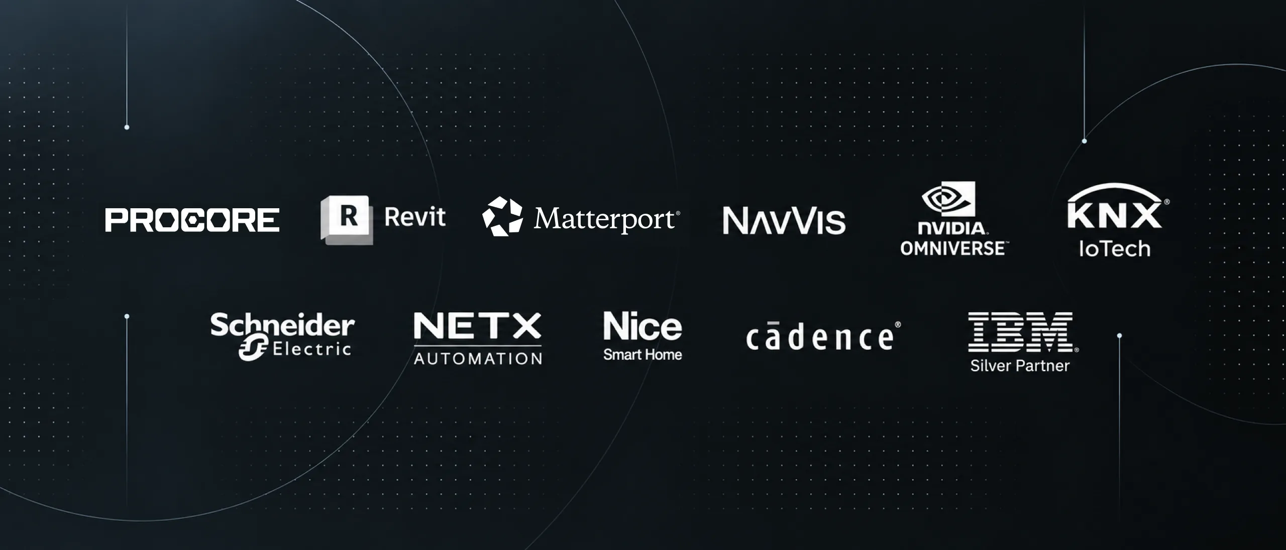 Two rows of white technology platform logos, including Procore, Revit, Matterport, NavVis and IBM, on a dark background