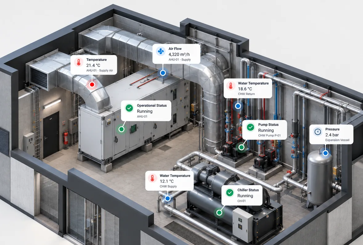 3D cutaway of a plant room with sensor markers and readings shown on the equipment they monitor