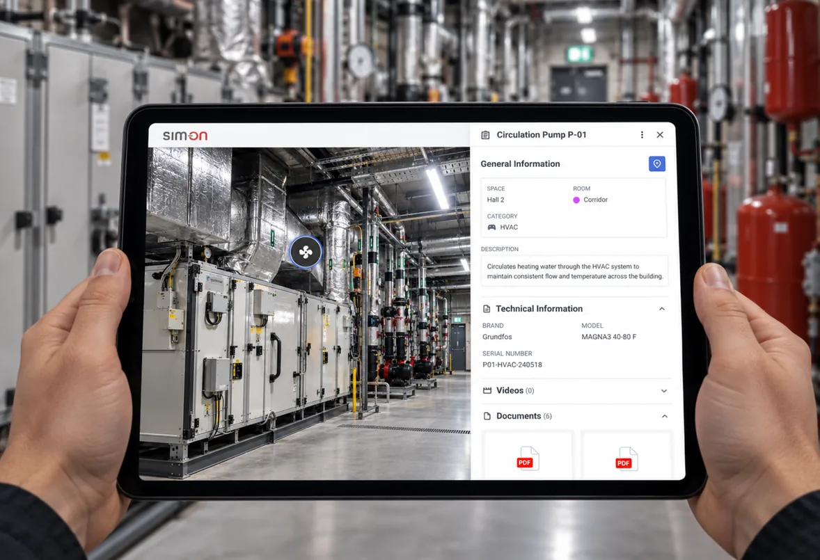 Hands holding a tablet in a plant room, showing a SIM-ON digital twin view with an asset pin and an open equipment card