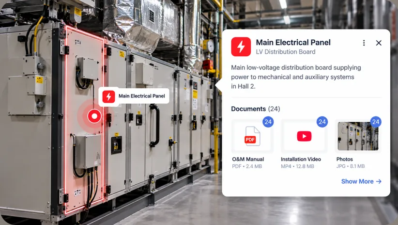Asset tag opened inside a digital twin, showing an electrical panel card with its description and linked documents