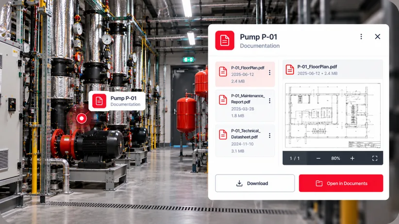 Documentation card pinned to a pump in a digital twin, listing PDF files with a preview of the attached floor plan