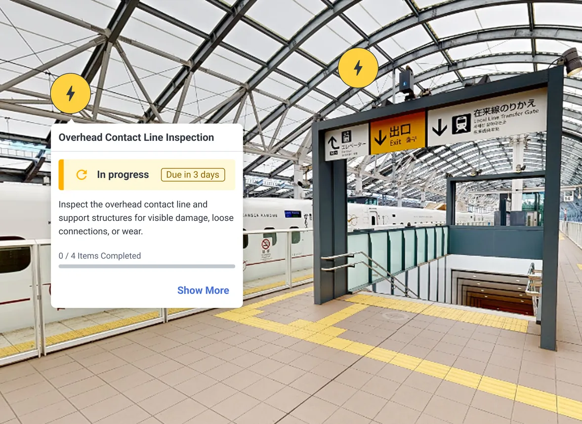 A JR Kyushu station concourse under a steel and glass roof, with exit and Local Line Transfer Gate signs above the stairs, and a SIM-ON task card reading Overhead Contact Line Inspection, in progress, due in 3 days, 0 of 4 items completed.