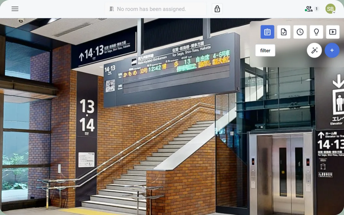 SIM-ON 3D walkthrough of a JR Kyushu station: a brick-clad stair up to platforms 13 and 14, departure boards and a lift, with the SIM-ON toolbar and filter buttons over the view.