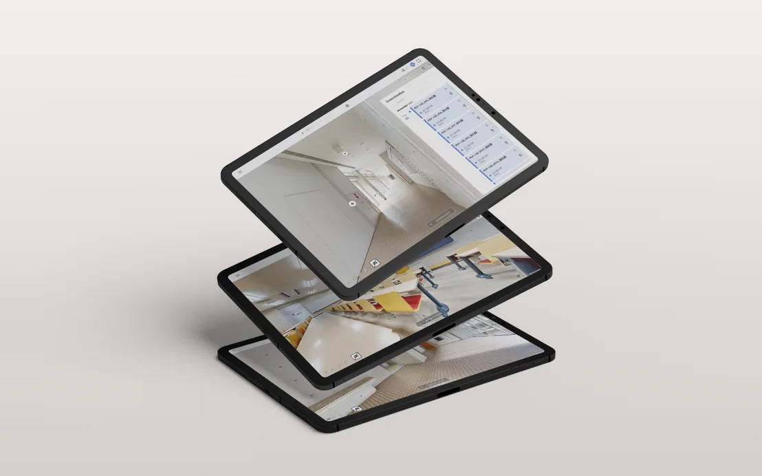 Three tablets stacked in layers, each showing a scanned Toyo University space in SIM-ON: corridors, a stair and an asset list.