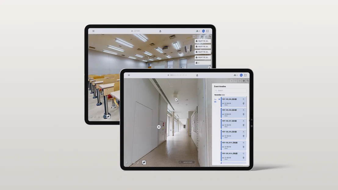 Two tablets with SIM-ON at Toyo University: a lecture hall scan, and a corridor scan beside the event timeline of inspection records.