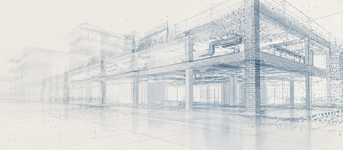 Pale point-cloud and wireframe rendering of a multi-storey building frame with exposed ductwork, fading into the background