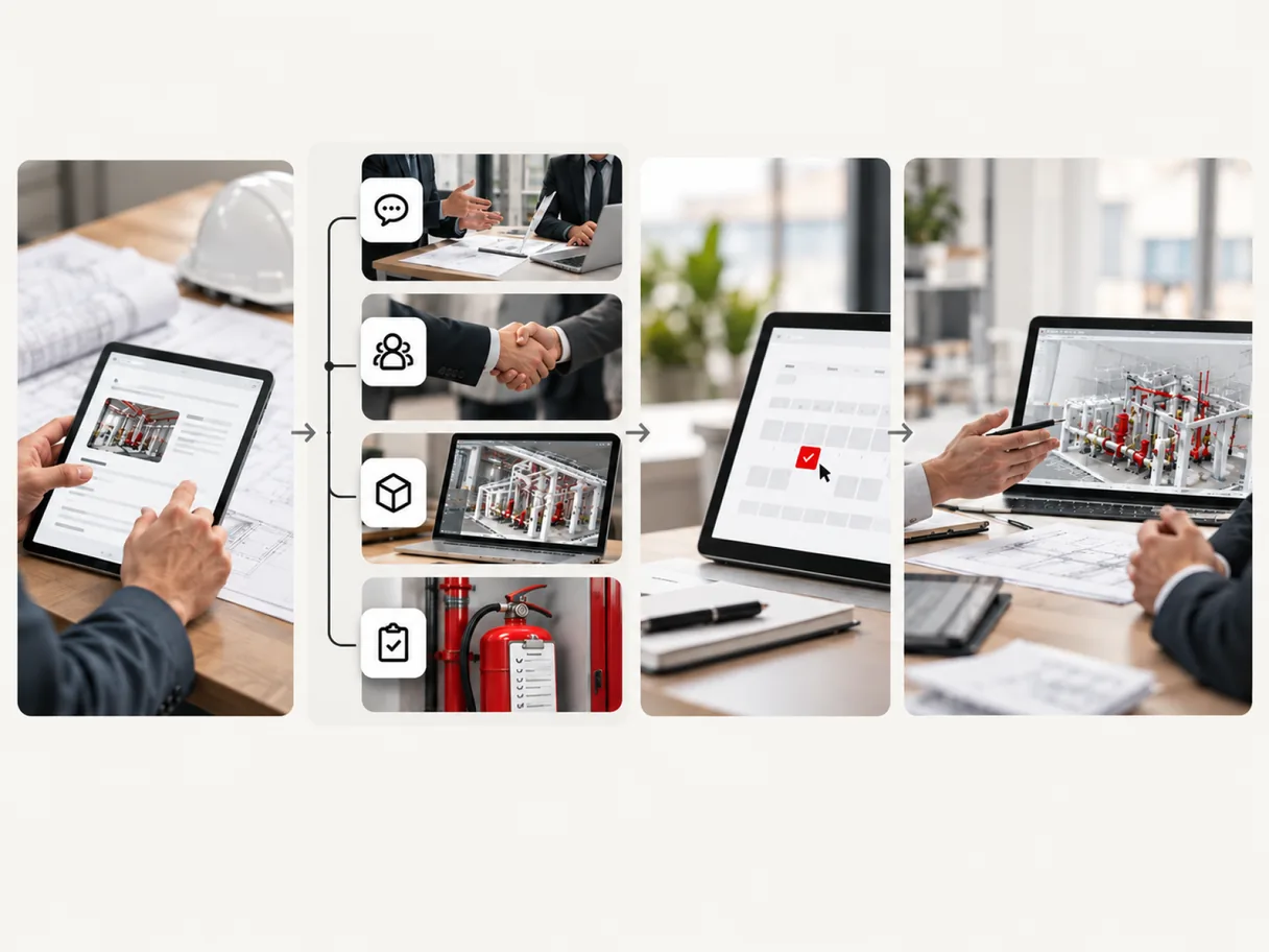 Four-step flow: reviewing a project on a tablet, routing to chat, partner, 3D model and fire-safety paths, scheduling a call, then a meeting at a laptop