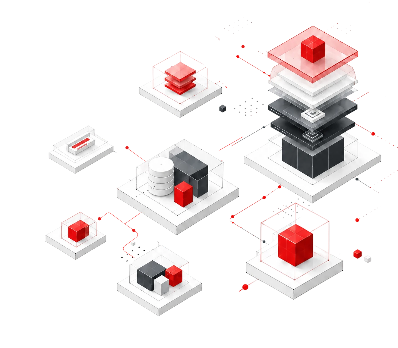 Isometric illustration of connected white platforms with red and graphite modules, a data cylinder and a layered stack