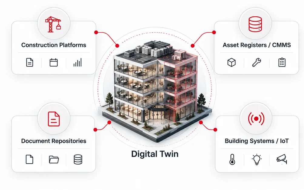 Diagram of a digital twin building linked to construction platforms, asset registers, document repositories and building systems