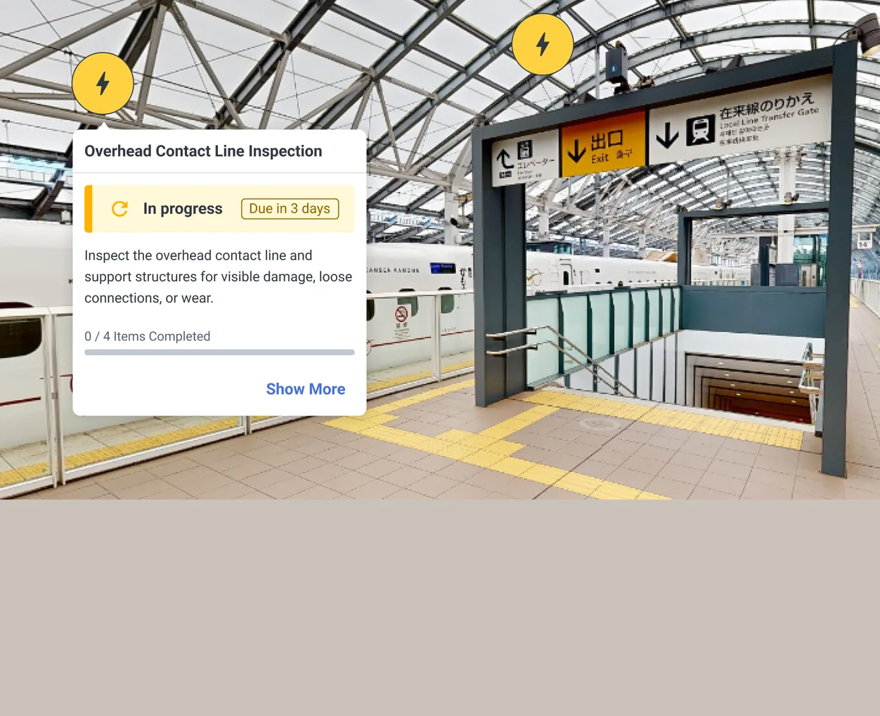 A JR Kyushu station concourse under a steel and glass roof, with a SIM-ON task card reading Overhead Contact Line Inspection, in progress, due in 3 days.