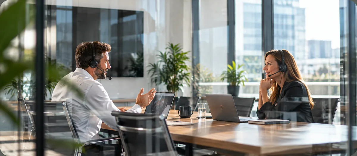Two colleagues wearing headsets talk across a wooden meeting table with laptops in a glass-walled office overlooking city buildings