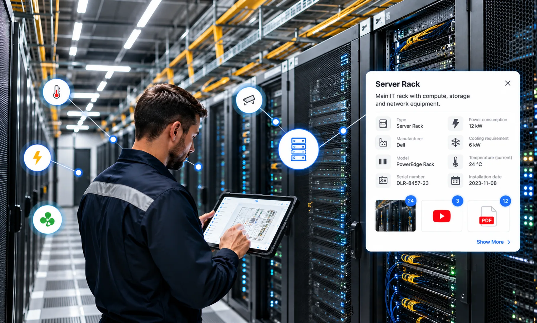 Engineer with a tablet in a data center aisle, with icon pins on the racks and a server rack record card listing specs, photos, videos and PDFs