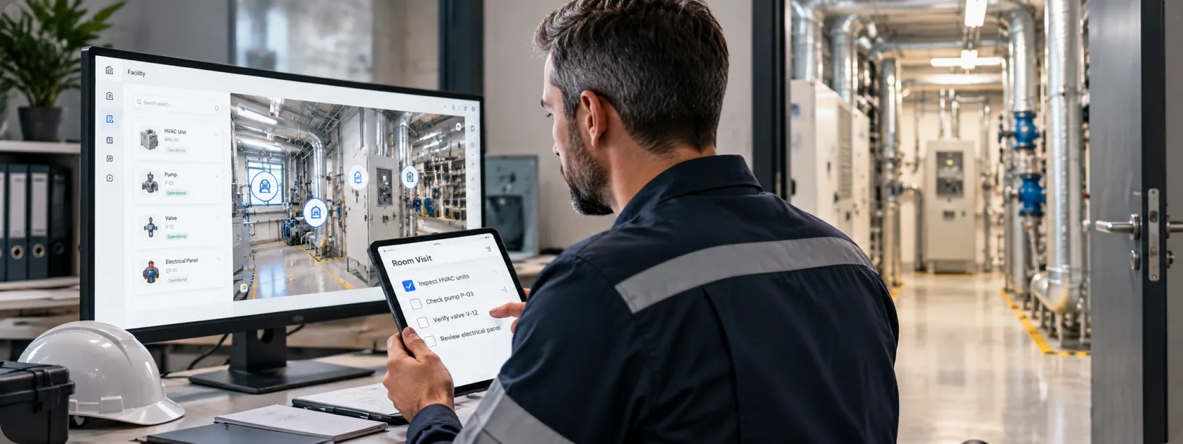 Engineer holding a tablet with a room visit checklist beside a monitor showing a plant room spatial view with asset pins