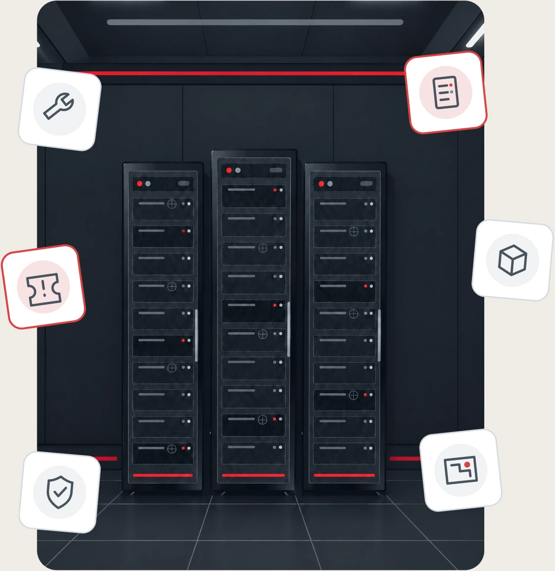Three server racks surrounded by separate, unconnected icon cards for maintenance, manuals, tickets, 3D models, and floor plans