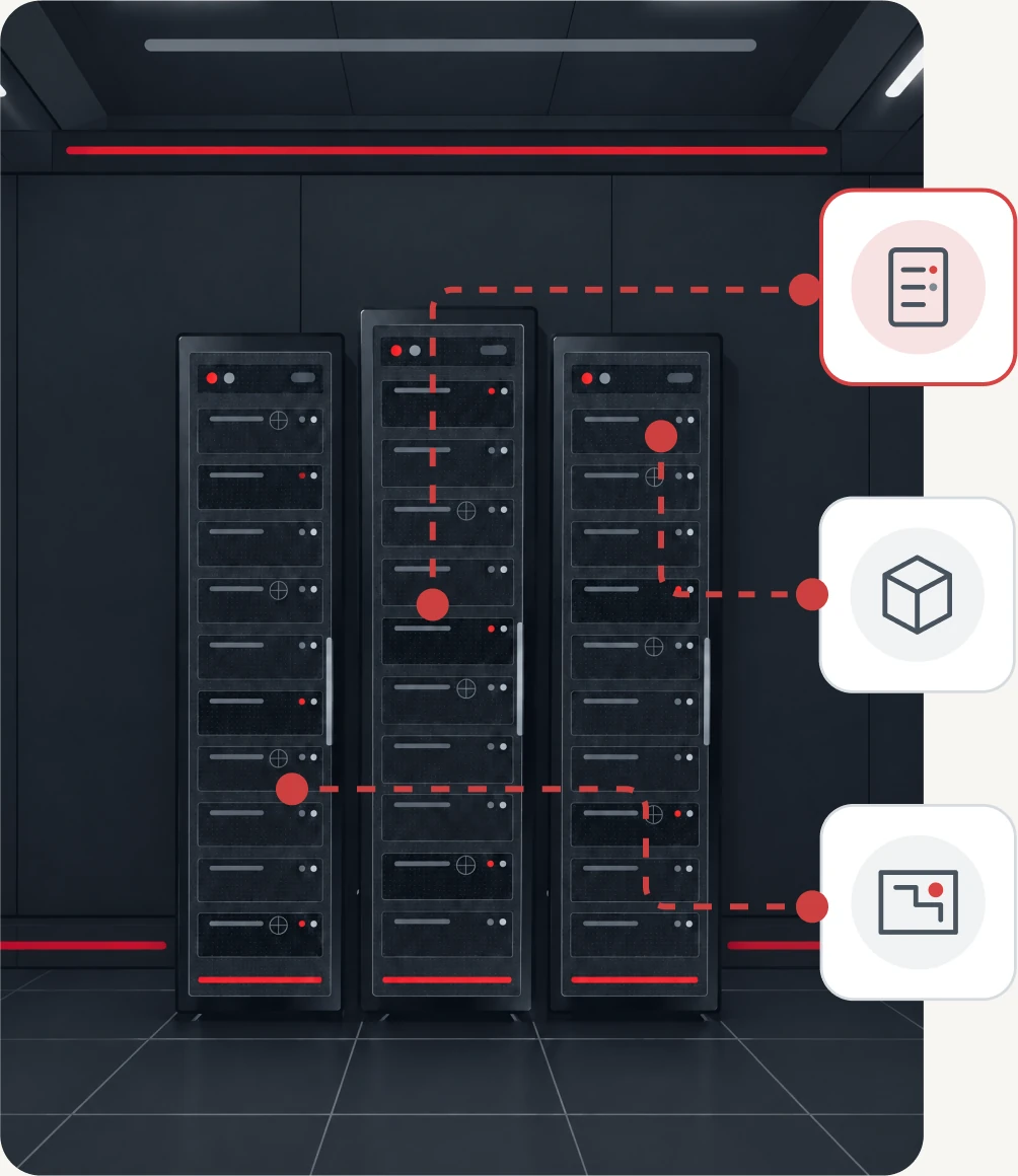 Three server racks with red dashed lines linking points on the racks to document, 3D model, and floor plan cards