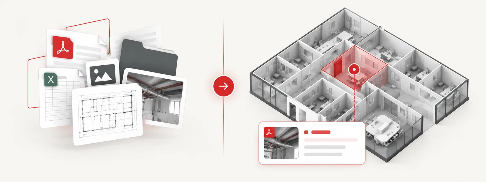 Illustration contrasting scattered PDFs, spreadsheets, photos and drawings with one record pinned to a room in a building model