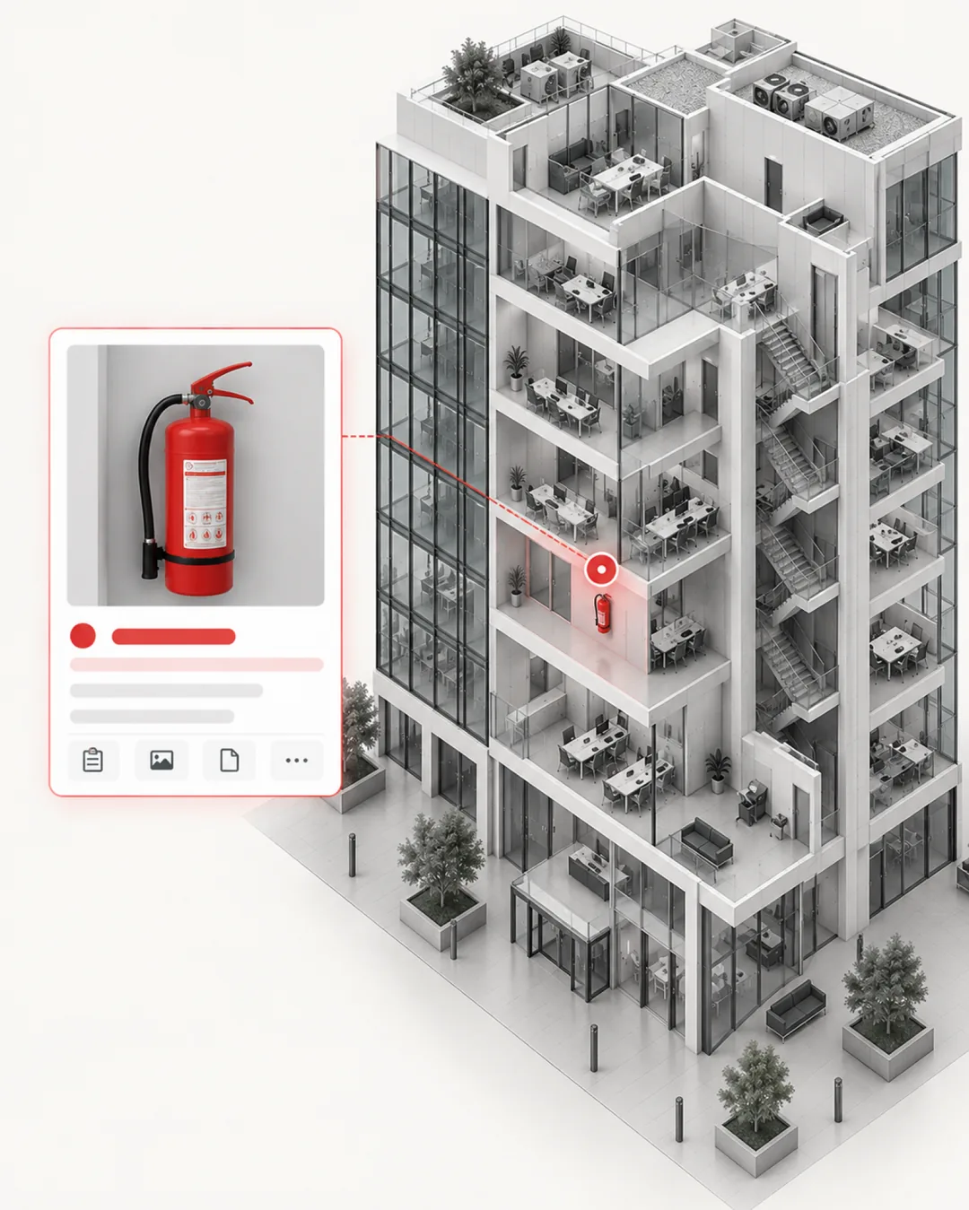 Cutaway office building with a fire extinguisher pinned on one floor and linked to its asset record card with a photo