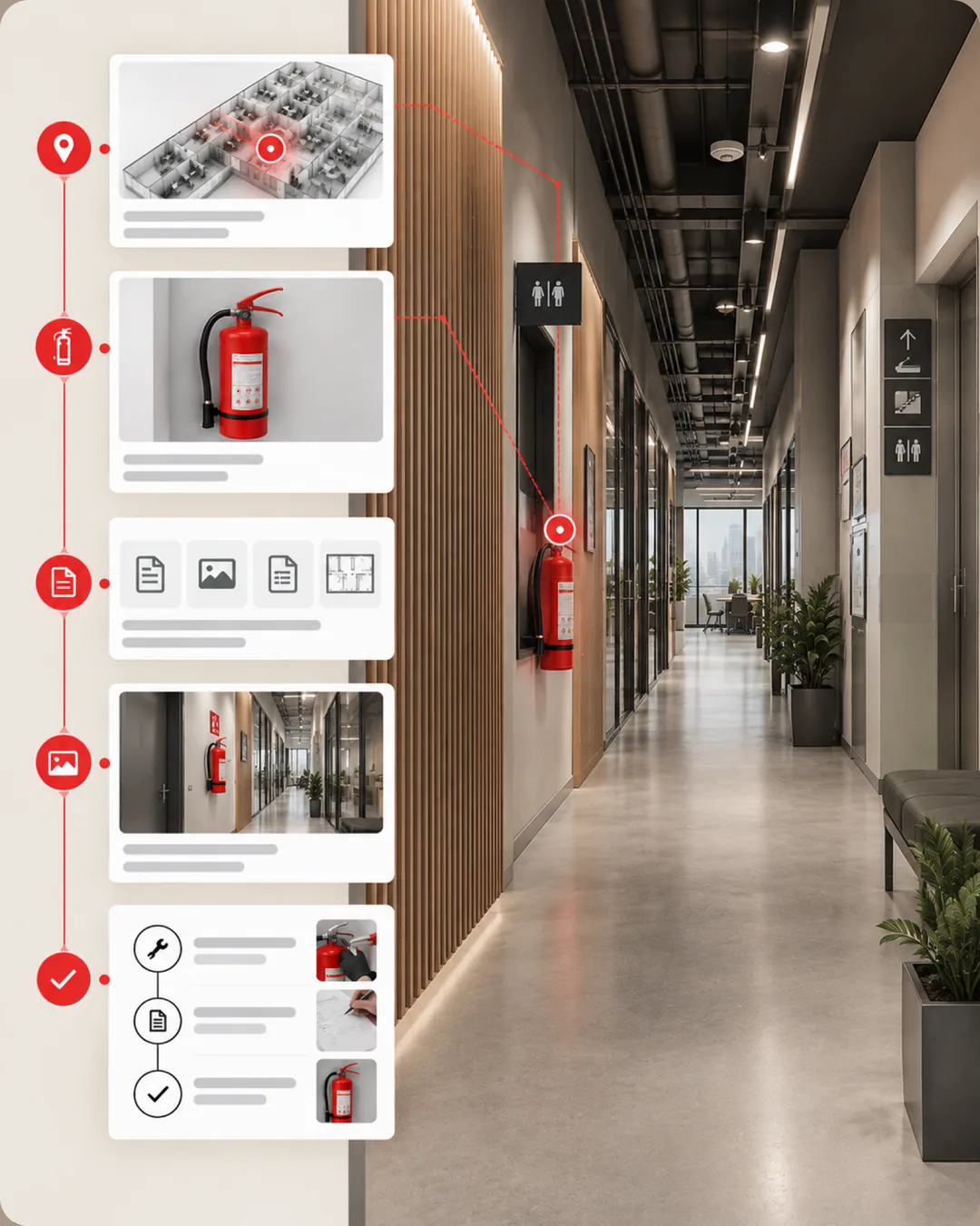 Office corridor with a fire extinguisher pinned and five linked steps: location, asset record, evidence, finding photo and close-out