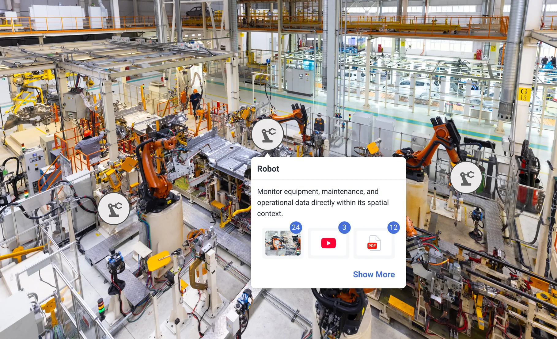 Car body production hall with orange welding robots, round robot pins and a record card linking photos, videos and PDF documents