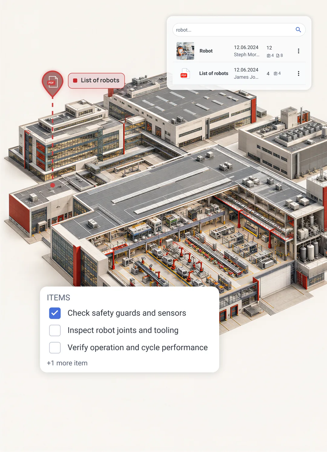 Cutaway factory campus with a robot line inside, overlaid with a robot search result list, a PDF location pin and an inspection checklist