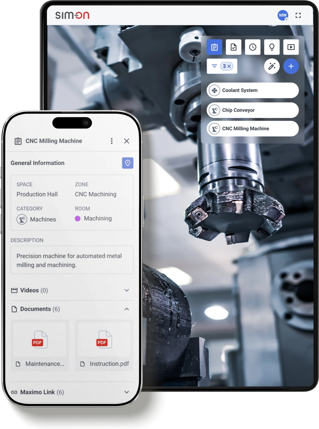 Tablet and phone showing a SIM-ON asset record for a CNC milling machine, with its location, description, and attached documents