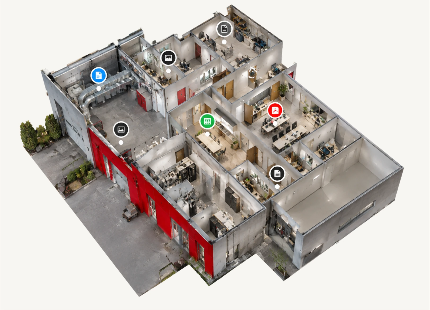 3D cutaway model of a building with document, photo, spreadsheet and PDF pins attached to its rooms