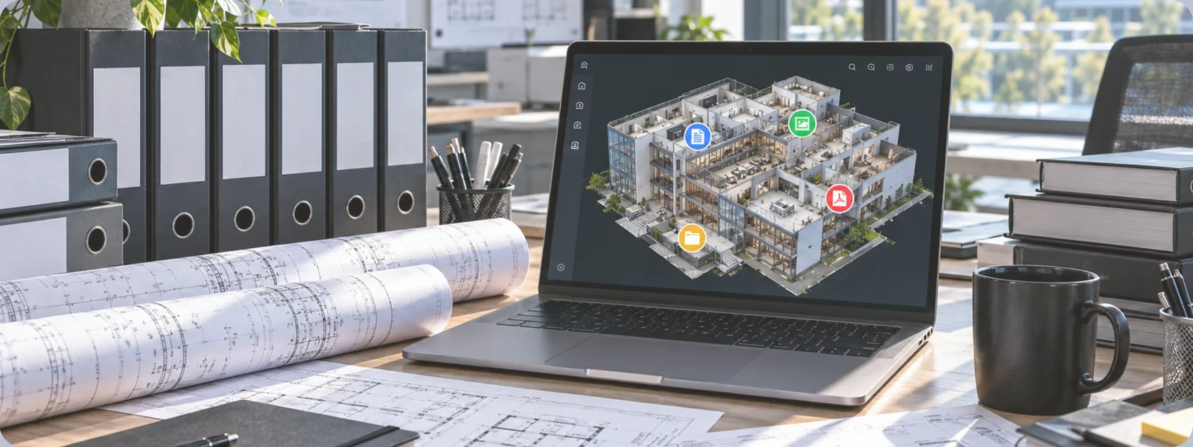 Desk with binders, rolled building drawings and a laptop showing a 3D building model with document pins