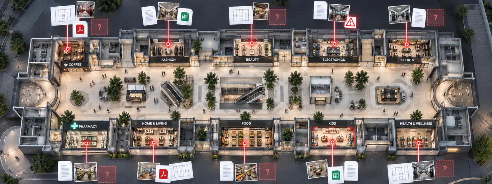 Night aerial view of a shopping mall, each store pinned to a different mix of plans, documents, photos and missing files