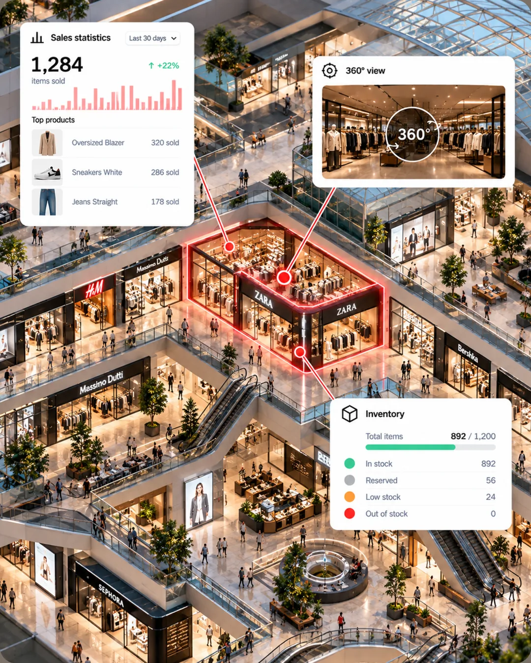 Isometric mall interior with one store outlined in red and linked panels for sales statistics, a 360° view and inventory counts