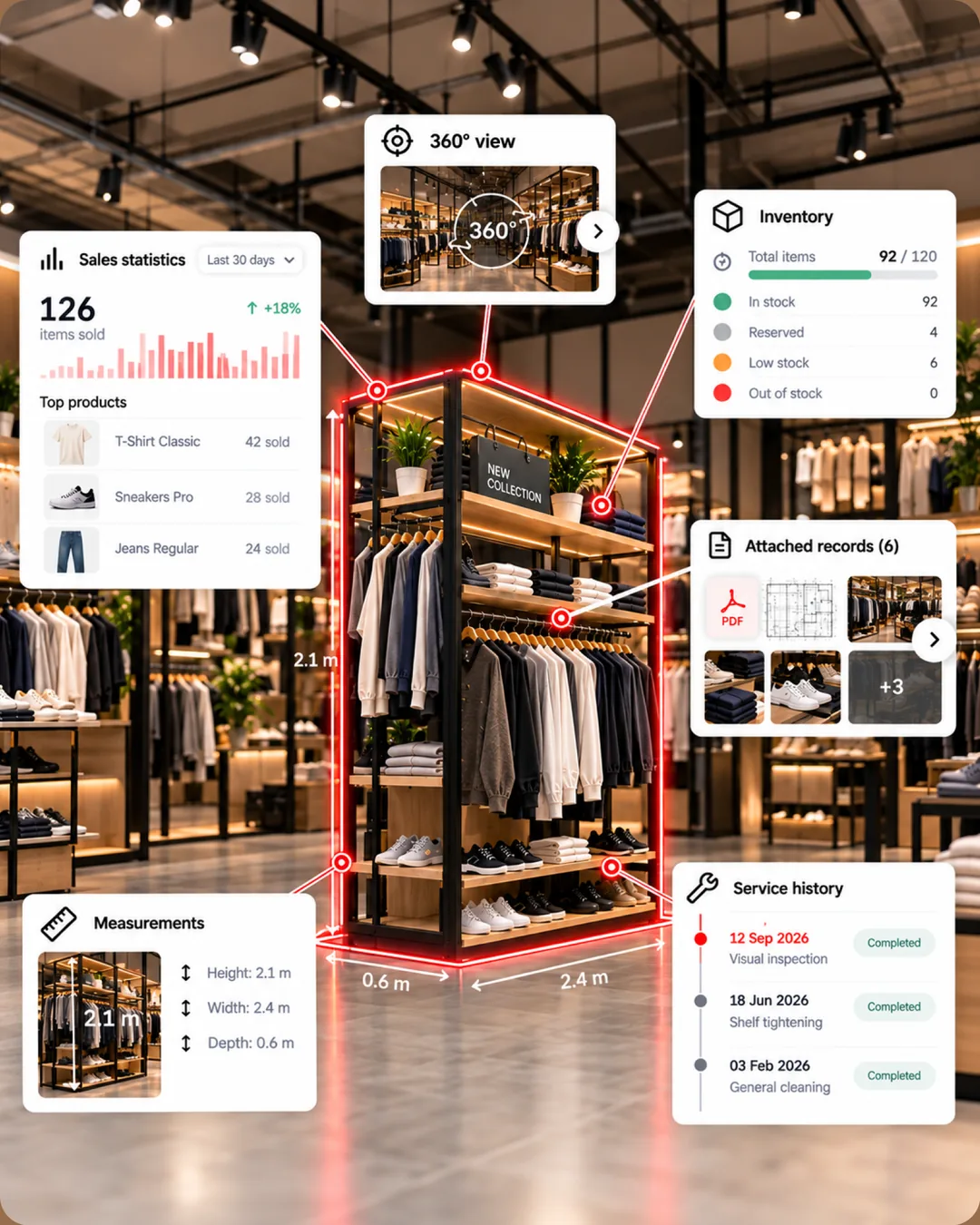 Store clothing fixture outlined in red with dimensions, linked to panels for a 360° view, inventory, attached records, measurements and service history