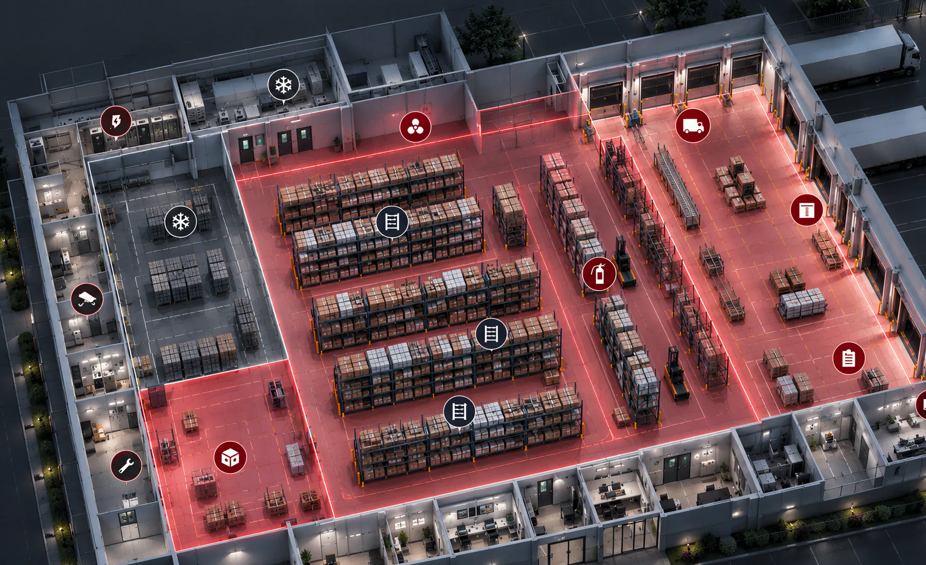 Cutaway 3D view of a warehouse at night with highlighted zones and icon pins on racking, loading docks, and equipment rooms