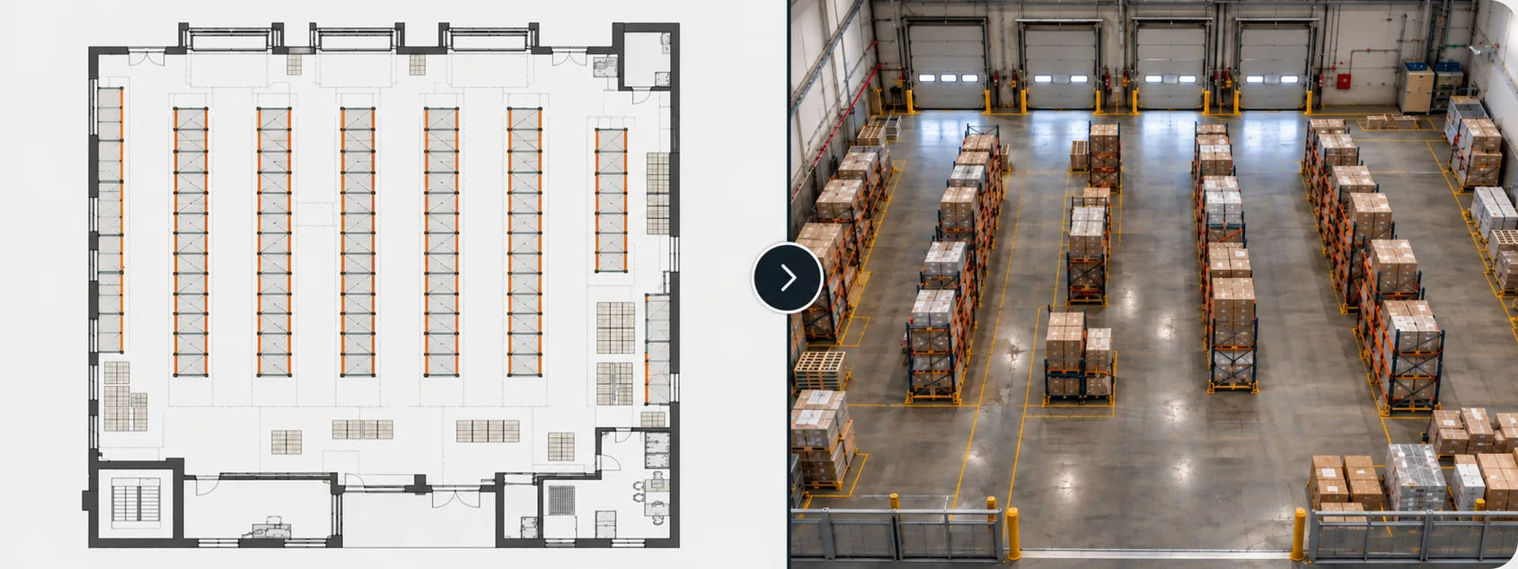 2D warehouse layout drawing beside an overhead photo of the floor with racking in a different arrangement